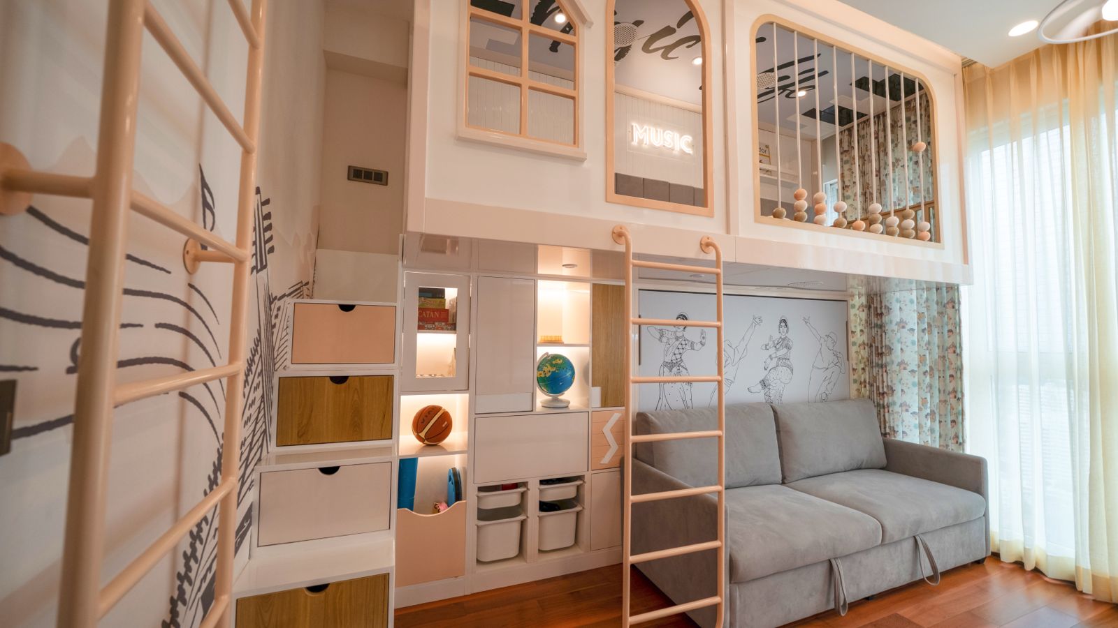 A double-height music room: a white loft with arched windows and an abacus-style railing, a peach ladder, a staircase of drawers, open shelving and a grey sofa bed beneath a line-drawn dancer mural.